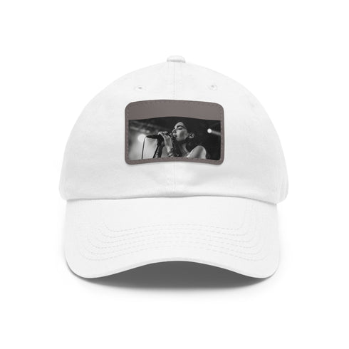 Dua Lipa Melody Snapback in White with Light Brown Patch.