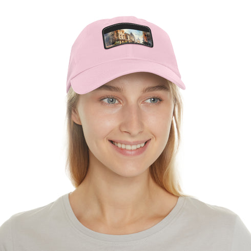 Stylish Melbourne skyline snapback cap in white with light brown patch.