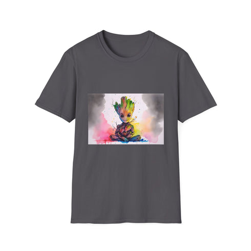 Vibrant charcoal cotton t-shirt featuring watercolor neon Baby Groot graphic