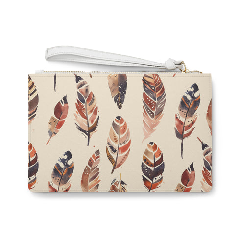 Boho Feathers Clutch Bag with intricate feather pattern for bohemian style.