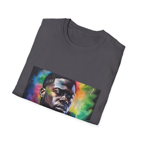 Vibrant charcoal crew neck cotton T-shirt with playful watercolor neon pattern