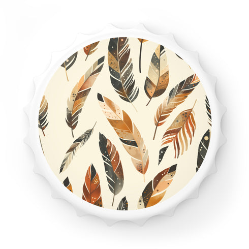 Boho Feathers Bottle Opener: Hippie-inspired white kitchen accessory magnet.