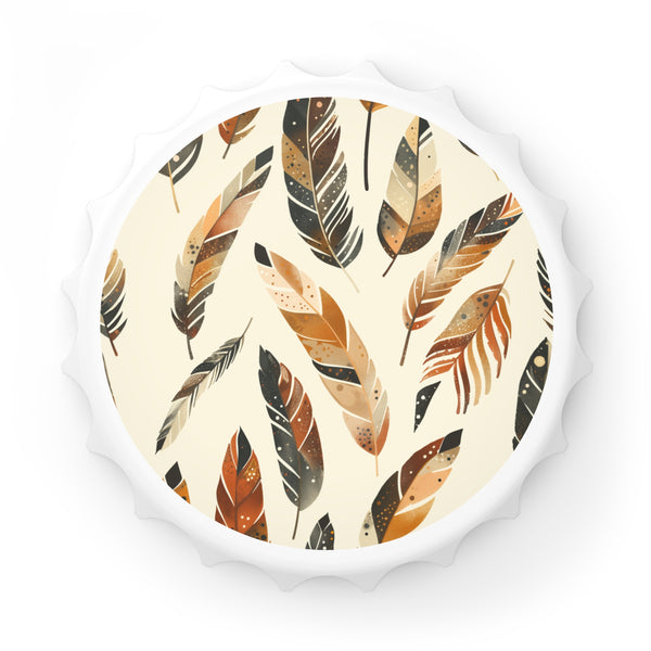 Boho Feathers Bottle Opener: Hippie-inspired white kitchen accessory magnet.