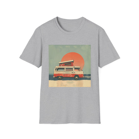 Charcoal cotton T-shirt with retro camper van sunset graphic design