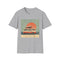 Charcoal cotton T-shirt with retro camper van sunset graphic design