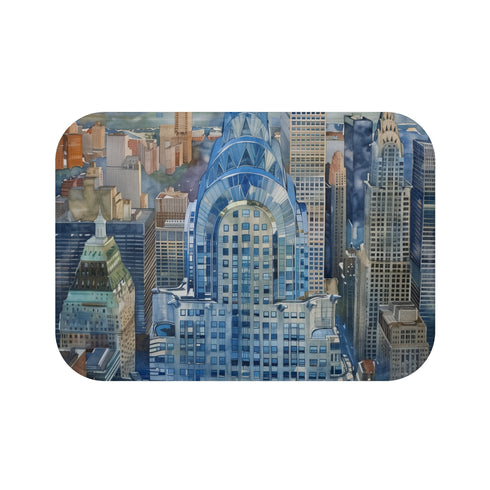 Art Deco Icon Bath Mat with Chrysler Building Watercolor Design.