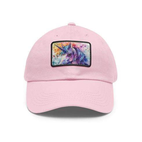 Magical unicorn watercolor baseball cap in white with light brown rectangle patch.