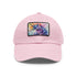 Magical unicorn watercolor baseball cap in white with light brown rectangle patch.