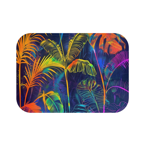 Bright neon jungle bath mat with tropical leaves and palm trees.