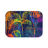 Bright neon jungle bath mat with tropical leaves and palm trees.