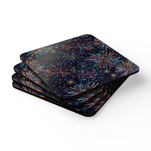 Colorful corkwood square coasters featuring festive fireworks pattern.