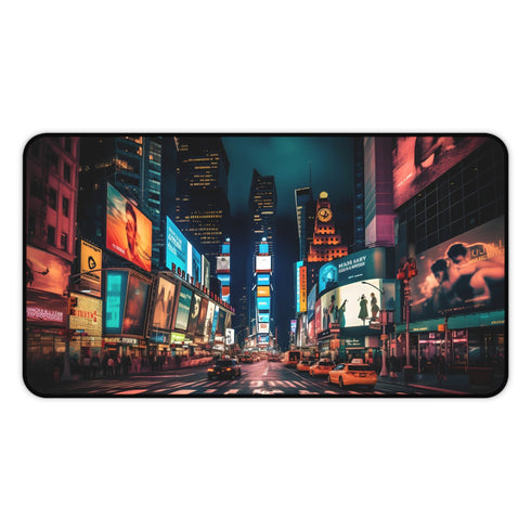 Nighttime Times Square desk mat featuring vibrant urban flair photograph.