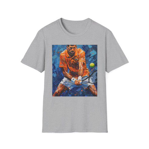 Charcoal cotton T-shirt with vivid Djokovic painting capturing dynamic tennis action