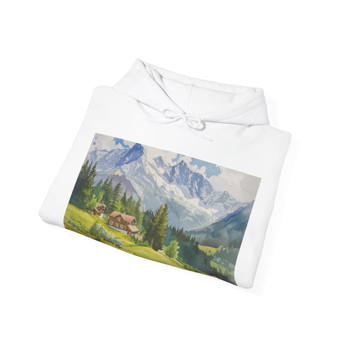 Swiss Alps Hoodie in Navy S size, Mountain Watercolor Design.