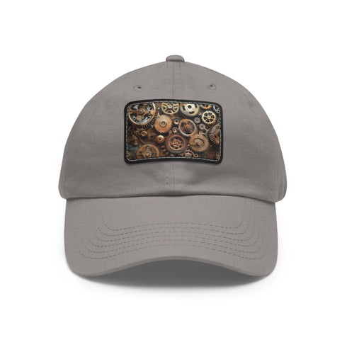 Steampunk cap with gears and cogs design, white/light brown patch.