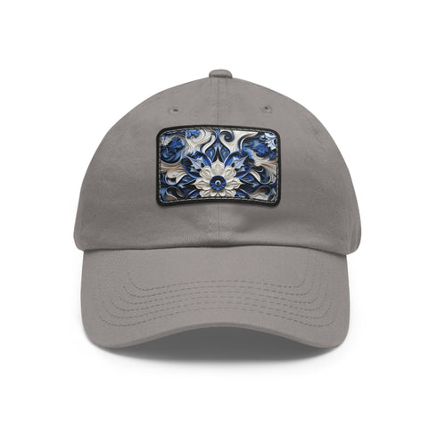Midnight cerulean cotton baseball cap with rectangular light brown patch.