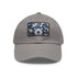 Midnight cerulean cotton baseball cap with white/light brown rectangle patch.
