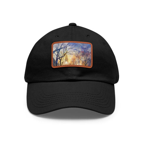 Eiffel Tower watercolor baseball cap with light brown rectangle patch.