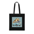 Bluebird camper tote bag in black cotton with retro camper van design.