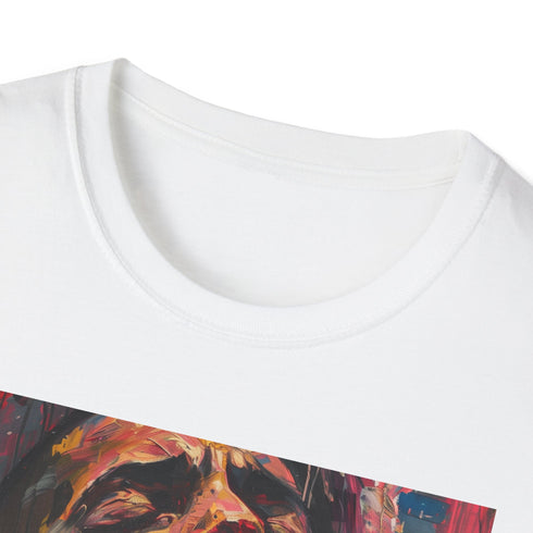 Charcoal crew neck T-shirt with vibrant Drake portrait painting