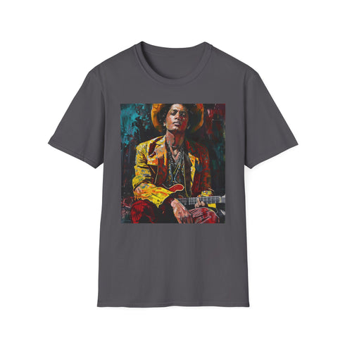 Vibrant portrait tee capturing Bruno Mars' electrifying energy in charcoal.