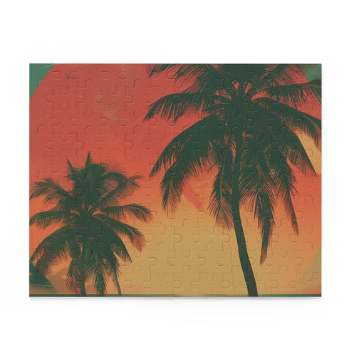 Retro Sunset Palms Jigsaw Puzzle - Vibrant, nostalgic design of sunset over palm trees for relaxation and mindfulness