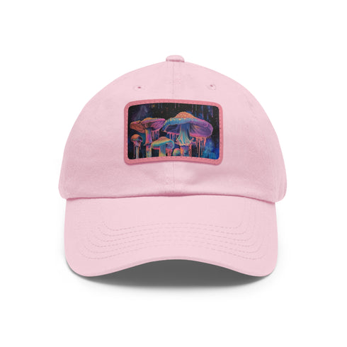 Mushroom Magic Trucker Hat in White with Light Brown patch