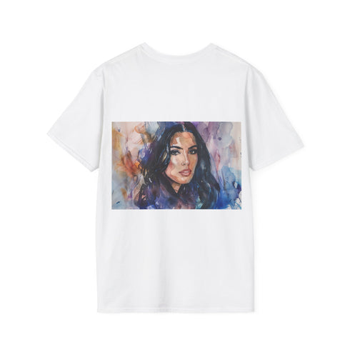 Watercolor Kim Kardashian tee in charcoal with crew neck for summer.