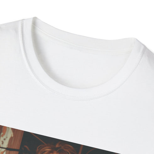 Charcoal crew neck t-shirt with distressed 90s grunge design in soft cotton