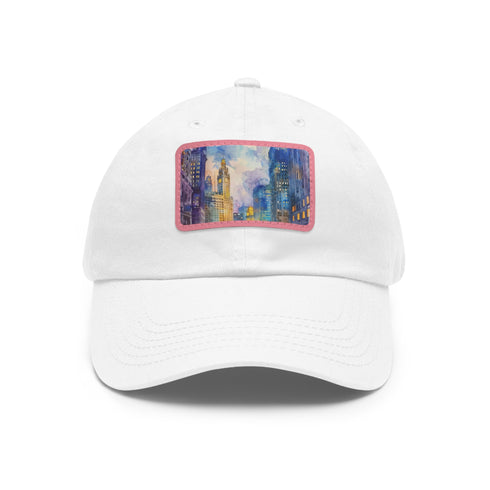 Chicago skyline watercolor baseball cap in white with light brown patch.