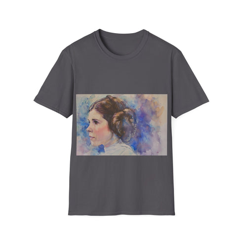 Princess Leia watercolor tee in charcoal, regular fit t-shirt. Star Wars-inspired design.