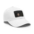 Stylish white baseball cap with light brown patch, rectangle shape.