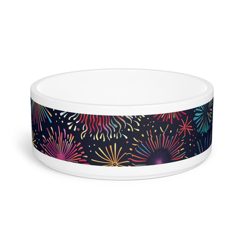 Vibrant ceramic 16oz pet bowl with colorful fireworks pattern.