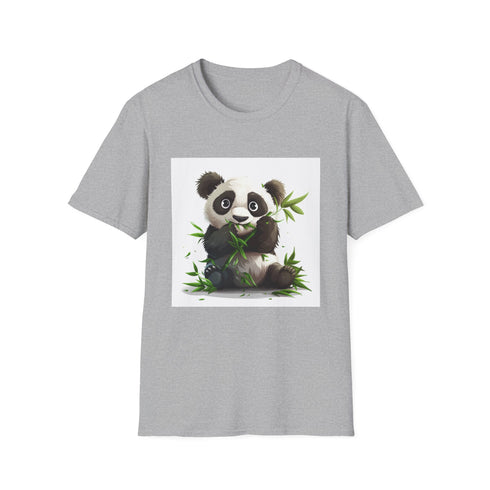 "Charcoal cotton crew neck t-shirt featuring adorable panda enjoying bamboo feast"