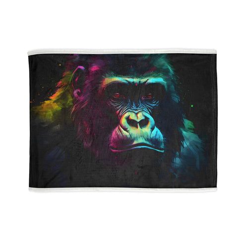 Watercolor gorilla portrait blanket with neon jungle theme.