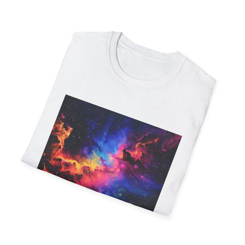 Charcoal cotton t-shirt featuring vibrant neon luminous space galaxy design