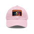 Neon watercolor Steve Jobs inspired baseball cap, white with light brown patch.