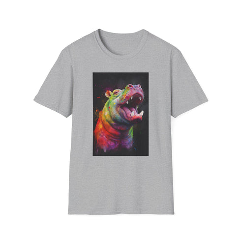 Charcoal cotton tee featuring a cheerful smiling hippo for summer vibes