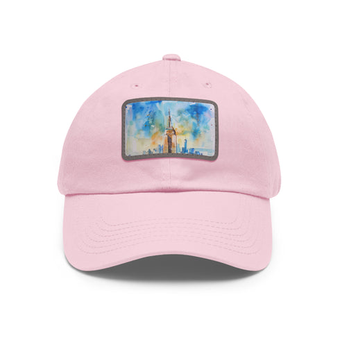 Empire State Building watercolor baseball cap, white with light brown patch.