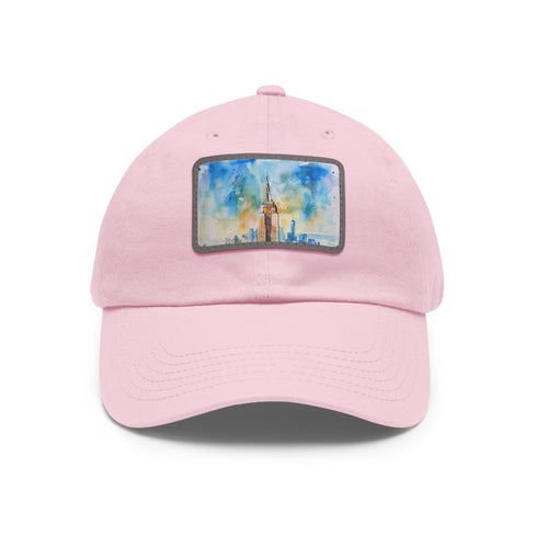 Empire State skyline watercolor cap, white with light brown patch.