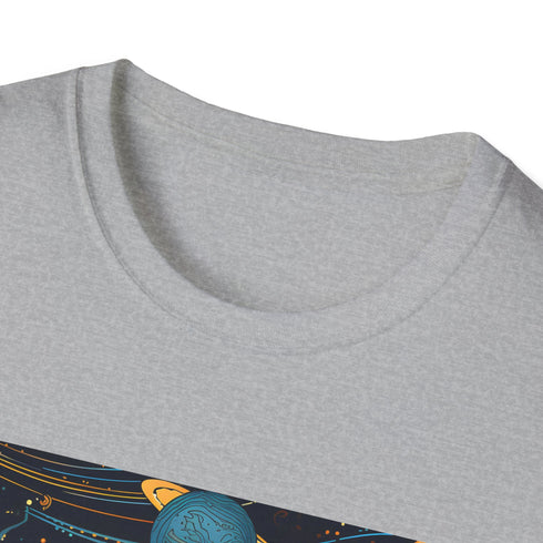 Celestial charcoal T-shirt with vibrant star and moon pattern cotton fabric