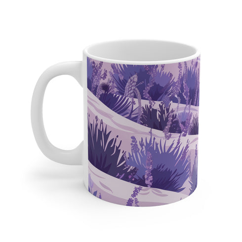 Lavender fields ceramic coffee mug with seamless floral pattern.