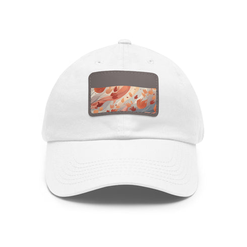 Autumn foliage pattern white baseball cap with light brown rectangle patch.