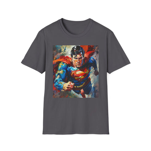 Charcoal crew neck Superman T-shirt with soft brushstroke painting evocative and bold