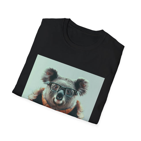 Charcoal cotton T-shirt featuring koala sipping tea atop books graphic