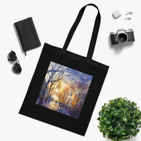Whimsical Eiffel Tower watercolor tote bag in black cotton material.