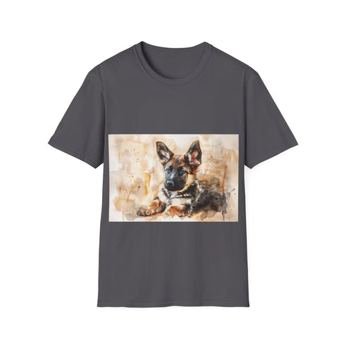 German Shepherd Watercolor Tee in Charcoal, size S, crew neck design.