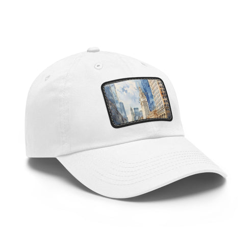 Chicago skyline splatter cap in white with light brown rectangle patch.