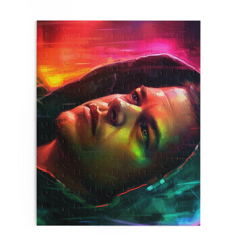 Colorful Matt Damon watercolor puzzle: 10" x 8", 120 pieces.