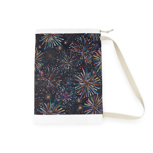 Festive fireworks laundry bag with vibrant all-over print pattern.